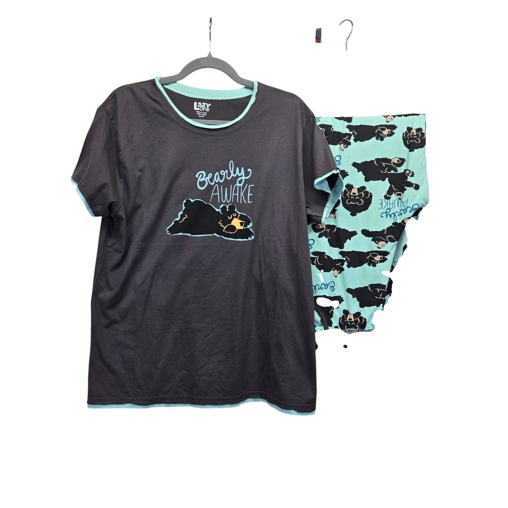 Lazy One Bearly Awake Pajama Set Womens Medium Grey Teal Cotton Sleepwear 2pc